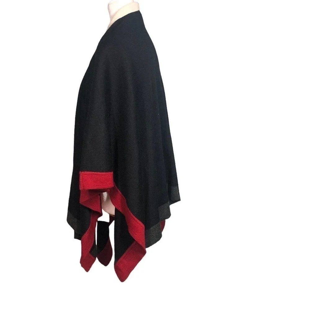 Coldwater Creek Poncho‎ Womens One Size Ruana Wrap Black Red Colorblock Wool New